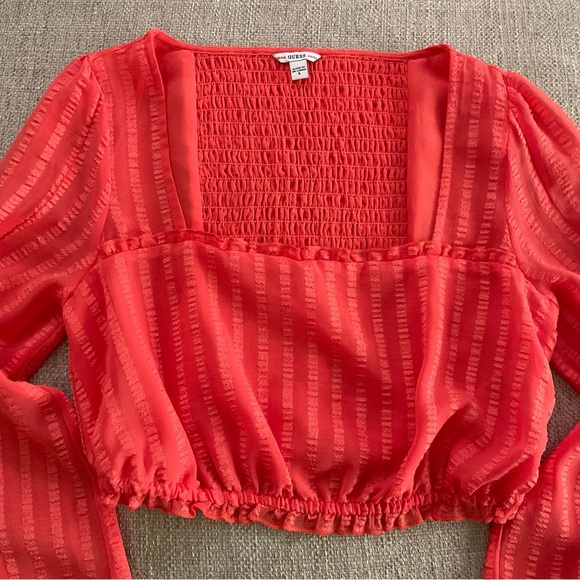 Guess Women's Vibrant Orange square neck long puff sleeve Blouse crop top. - Picture 7 of 10